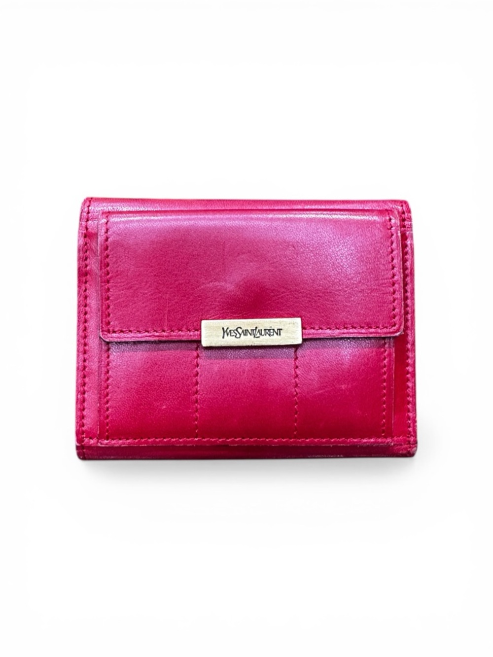 Vintage Yves Saint Laurent Red Leather Wallet Gold Logo Bar Compact YSL - Picture 1 of 10